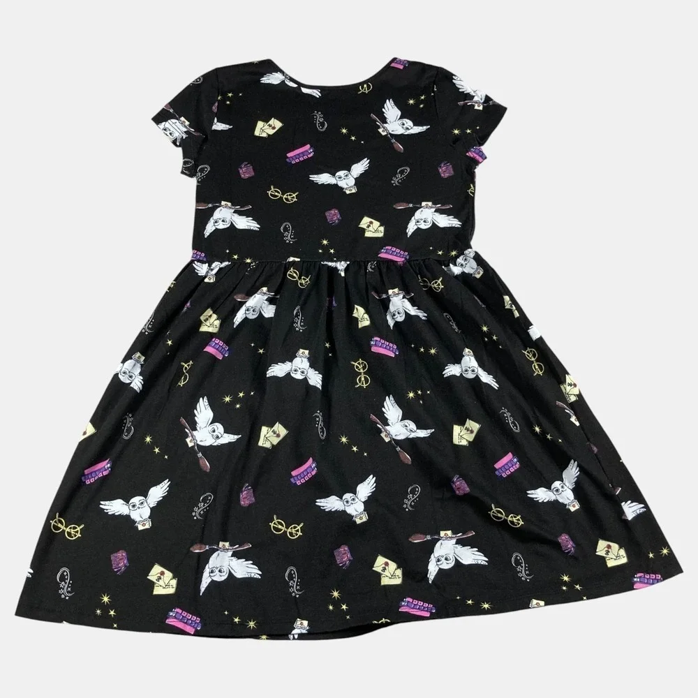 Harry Potter Kids Girls Hedwig Owl Print Dress Size 2X‎ Black Short Sleeve New